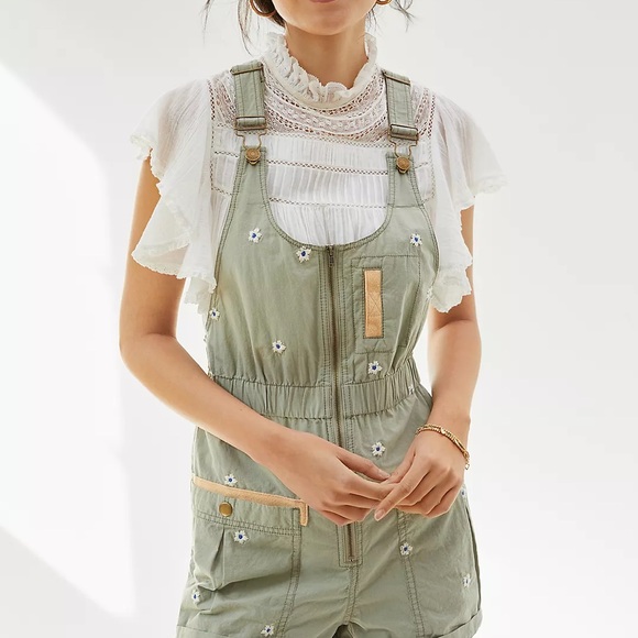 Pilcro Pants - Pilcro Olive Green Embroidered Short Overalls